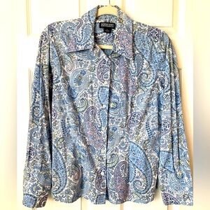 Lands End button front blouse.  Blue paisley, size 12. Stretch poplin.